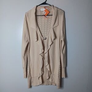 Rico Hand Knit Cardigan Sweater Womens Size L Beige Ruffle Front Euro Flowy NWT